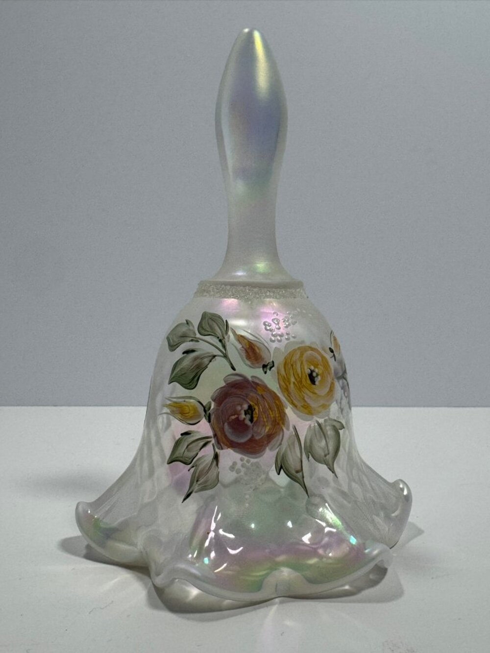 Fenton Vintage Iridescent Hand-Painted Glass Bell with Ruffled Edge